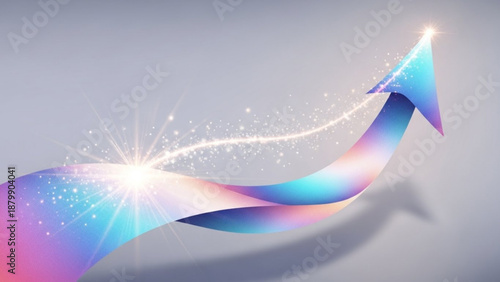 Vibrant ribbon with sparkling light trail rising upwards on gray background with shadow