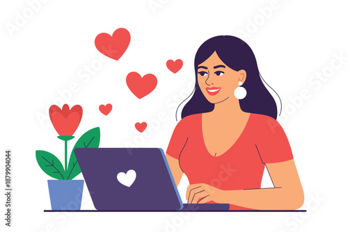 A smiling woman uses a laptop surrounded by hearts and a flower, suggesting online romance.