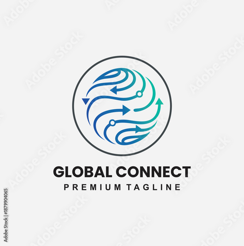 a modern globe logo with arrows representing worldwide connectivity and digital networking.