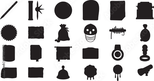 Collection of various black isolated icons on transparent background