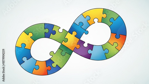 Colorful puzzle pieces forming infinity symbol on white background representing unity and diversity in a creative problem solving concept
