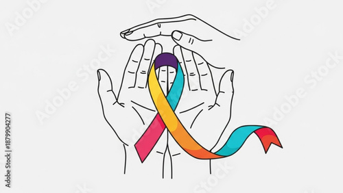 Hands cradling colorful ribbon symbolizing support and awareness for health and social causes on white background