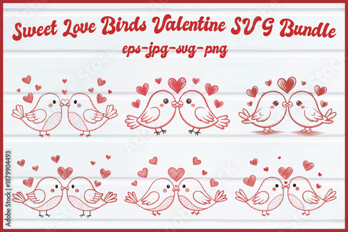 Sweet love birds valentine's day digital bundle featuring charming bird couples and hearts Vector, illustration