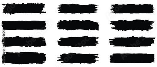 Set of 12 Black Brush Stroke Textures, Paint Splatter Grunge Elements Vector Illustration. 