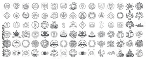 Thanksgiving Icon Set, Autumn Harvest Line Art