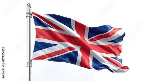 Union Jack flag waving on silver pole against white background