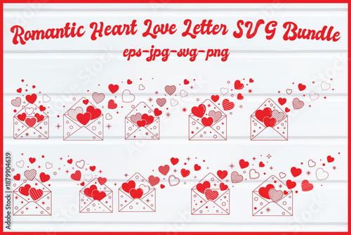 Romantic heart love letter svg bundle with flying hearts and open envelopes for valentines day Vector, illustration