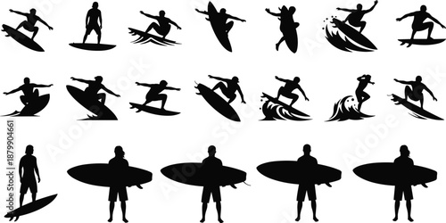 Collection of black silhouettes of surfers catching waves and carrying surfboards isolated on white background for extreme summer water sports