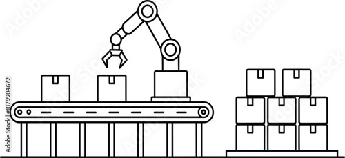 Industrial automation and manufacturing process vector illustration showing robotic arm on conveyor belt handling boxes in factory production line outline style
