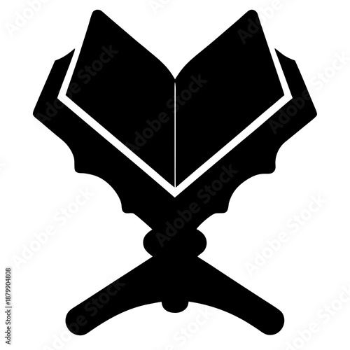 Minimalist black silhouette of a stylized bird or creature viewed from behind on a white background  Open holy book on a rehal stand, a symbol of religious study and devotion