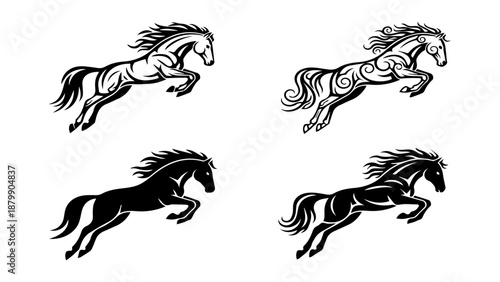 four horse illustrations in different styles silhouette high quality