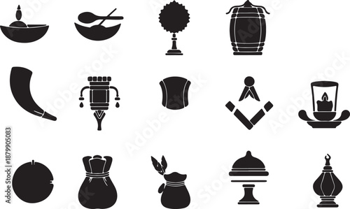 Collection of 14 black isolated objects on transparent background