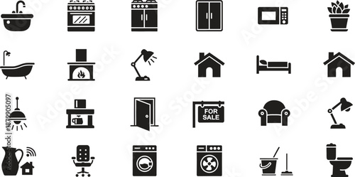 black and white icons of household items and furniture