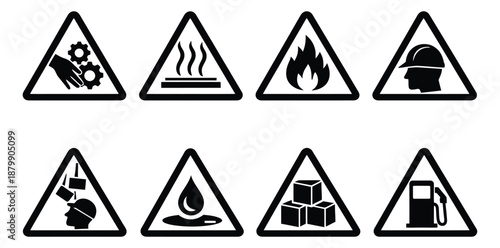 Simple line art safety warning signs set featuring various common industrial and workplace hazards for health and safety regulations