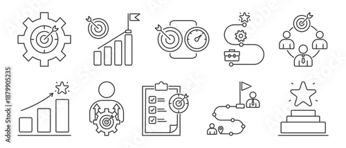 Goals icon set collection in outline style. Icon pack contain Goal setting, target achievement, okr & kpi, Career Goals, Team Goals, Performance Goals, Personal Development Goals, Company Objectives, 