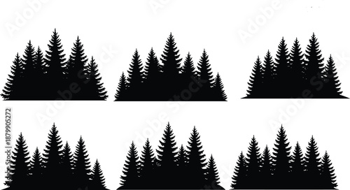 Set of black pine forest tree silhouettes and coniferous evergreen clusters featuring spruce and fir woodland elements isolated on white for mountain landscape nature design