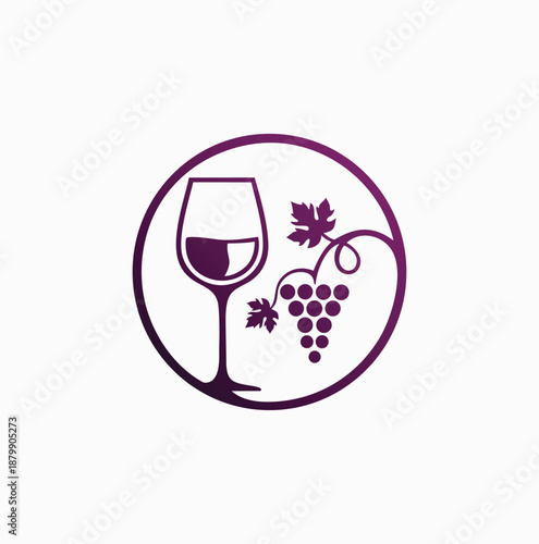 a circular vintage-style logo featuring a wine glass and a cluster of grapes on a vine in a rich purple gradient.