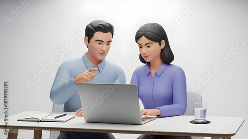 3D animated characters representing colleagues collaboratively working on a laptop, demonstrating teamwork and professional guidance in a modern office setting