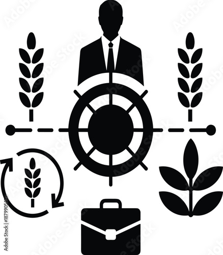 Agribusiness strategy and farm management icon vector illustration showing leadership, crop cycle, sustainability, and agricultural business planning symbols in solid black design
