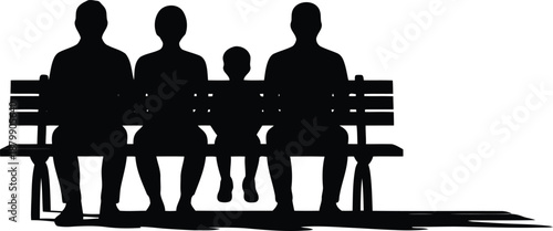 A family of three people, two adults and one child, seated on a park bench casting a long shadow