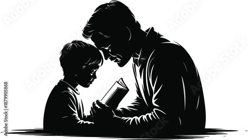 A father and child share a moment reading a book, depicted as a strong black silhouette on white