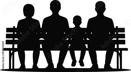 A family of four people, two adults and two children, sitting together on a park bench