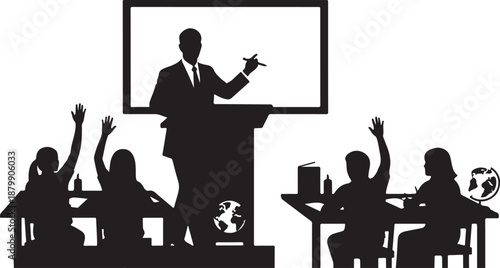  teacher classroom silhouettes featuring teaching, explaining, writing on the board, and interacting with students.