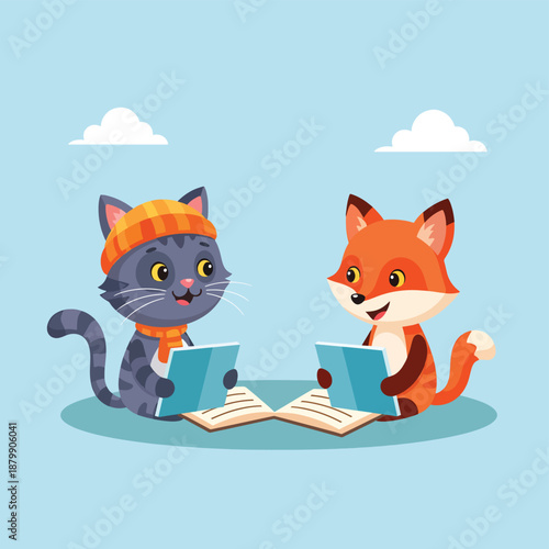 Cat and Fox Reading Together