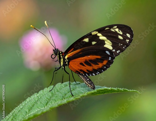 A vibrant butterfly perched on a green leaf, showcasing intricate patterns on its wings, with a blurred background