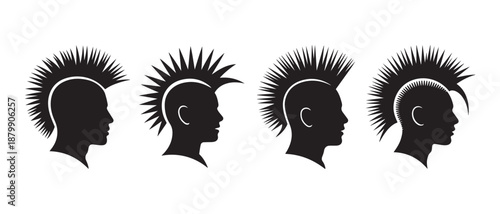 Mohawk Hairstyles Set Silhouette Profile Views Isolated on White Background.
