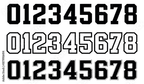 Collegiate numbers set featuring solid, outline, and outlined bold digits for sports and education design