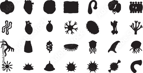 Collection of 25 black blob shapes isolated on transparent background
