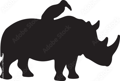 Black silhouette of a rhinoceros with a bird on its back isolated on transparent background