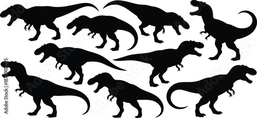 A fierce collection of black Tyrannosaurus Rex dinosaur silhouettes roaring on a white surface