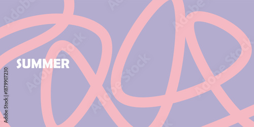 Set of summer covers with smooth abstract organic lines. Chaotic green, pink and violet hand-drawn looping lines on pastel background. Artistic design for banner or placard. Vector flat illustration