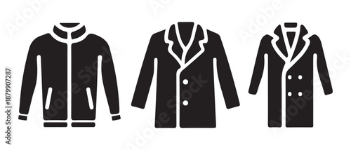 Black Jackets Icons Set. Track Jacket, Blazer, Overcoat Vector Set.