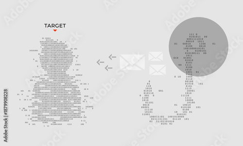 Targeted phishing attack concept with user profile and email icons composed of binary code. Professional visual representing social engineering threats, data privacy breaches, and hacker activity.