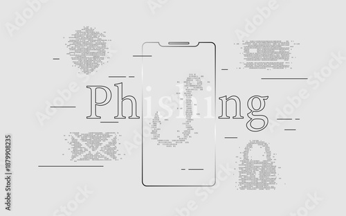 Mobile phishing security concept with smartphone and digital icons. featuring hook binary code, shield, and padlock symbols for data protection and cyber threat awareness. Warning against fake Emails