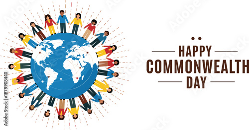 Detailed advocacy vector for Happy Commonwealth Day featuring a global human chain, earth globe, and radiant sunburst background.