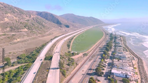 Aerial view of Highway 1, Rincon Beach Park and Santa Barbara Channel, California.