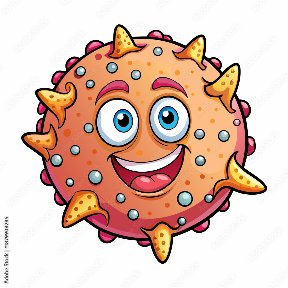Fototapeta premium A happy cartoon microbe smiling with star shaped spikes