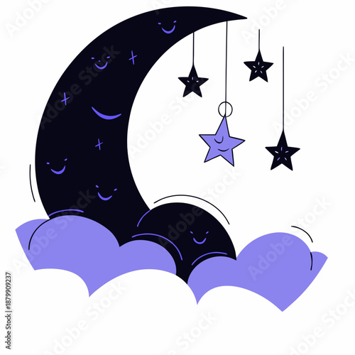 Cartoon Crescent Moon with Dangling Stars Dreaming in the Night