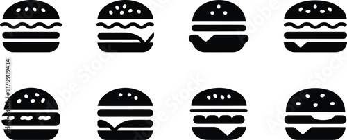 A grid of eight distinct black burger icons featuring different layers against a white backdrop