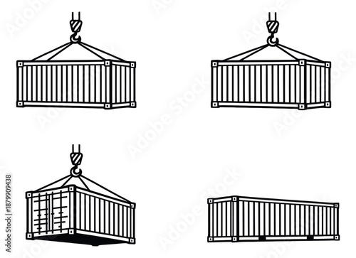 Hand drawn line art shipping container icons set featuring cargo containers and crane hooks for global logistics and transportation concepts