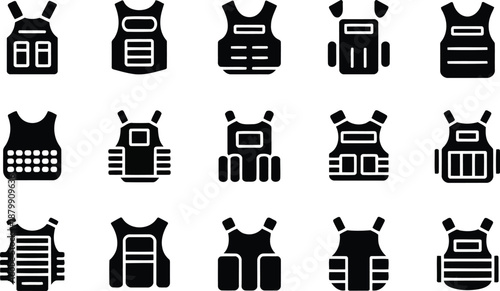 A grid of various black silhouette icons depicting different styles of bulletproof vests and body armor