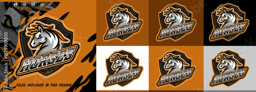 Animal horses mascot logo e-sports gaming emblem stallion head shield badge orange black Vector illustration concept editable template. Ideal for e-sports teams, gaming clans, sports branding. eps