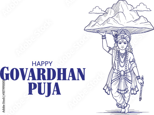 Detailed blue ink sketch vector for Happy Govardhan Puja featuring Lord Krishna balancing the mountain on his head.