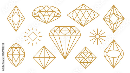 Golden diamond illustrations in various shapes and sizes