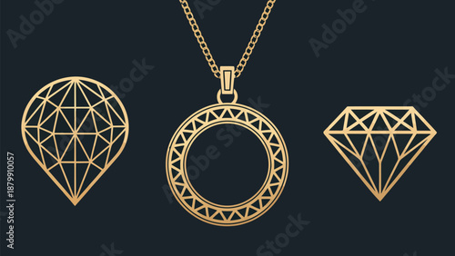 Golden geometric jewelry icons with chain on black background