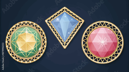 Vibrant gemstones in gold settings on dark background
